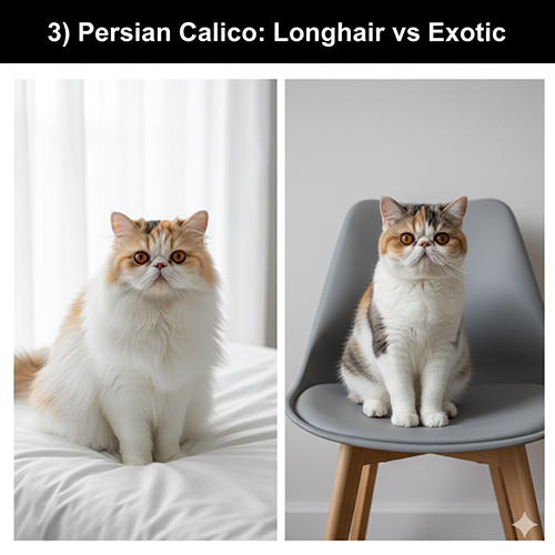 So sánh mèo Ba Tư tam thể lông dài và mèo Exotic tam thể lông ngắn trong hai bố cục ảnh tối giản