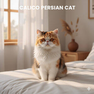 Mèo Ba Tư tam thể ngồi trên giường, lông ba màu rõ nét trong ánh sáng tự nhiên