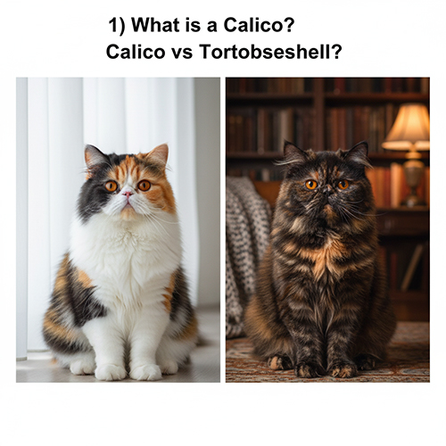 So sánh mèo Ba Tư tam thể calico và mèo Ba Tư tortoiseshell trong hai bức ảnh đặt cạnh nhau