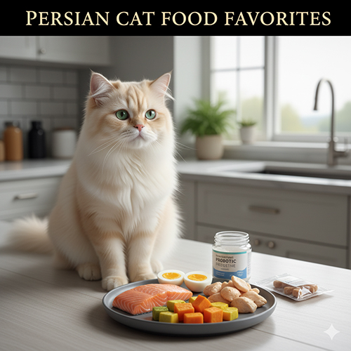 mèo Ba Tư ngồi cạnh dĩa thức ăn gồm cá hồi, gà, trứng và rau củ trong bếp