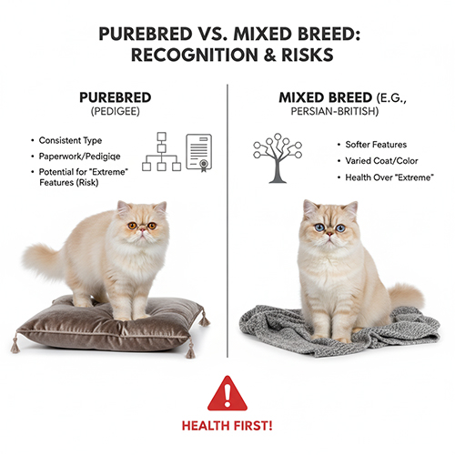 Hai bé mèo Ba Tư: một thuần chủng và một lai British, đặt cạnh nhau để so sánh form, coat và rủi ro sức khỏe