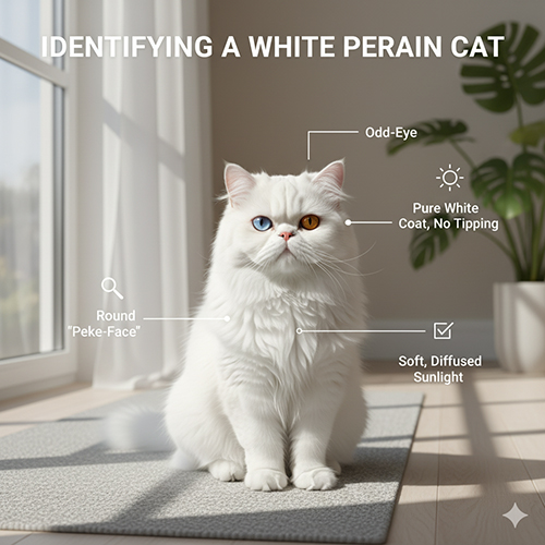 Mèo Ba Tư trắng odd-eye đang ngồi trong ánh nắng xiên, hình chú thích nhận diện như lông trắng tinh, mặt tròn và mắt hai màu