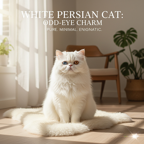 Mèo Ba Tư trắng odd-eye ngồi trong phòng sáng, ngoại hình tinh khôi và đôi mắt hai màu nổi bật