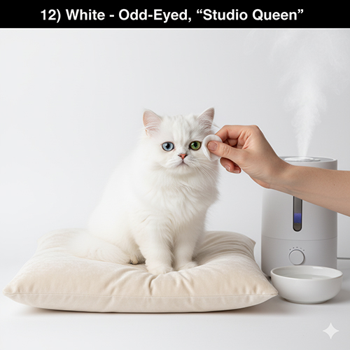 Mèo Ba Tư trắng mắt hai màu ngồi trên gối, được chăm sóc vùng mặt trong bối cảnh chụp studio