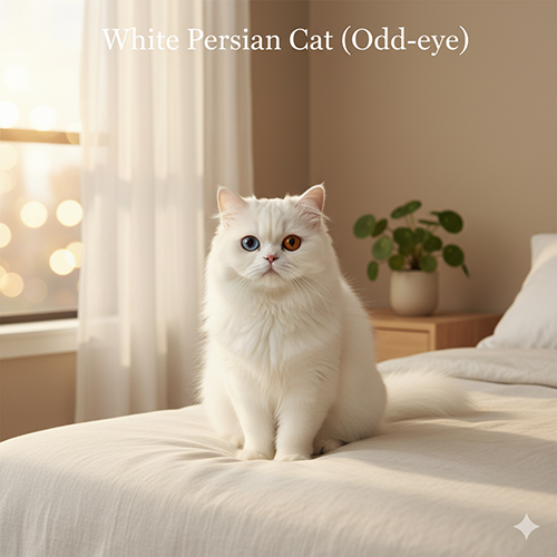 Mèo Ba Tư trắng odd-eye ngồi trên giường, ánh nắng xiên và nền phòng tối giản