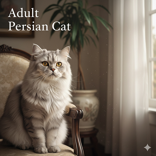 Mèo Ba Tư trưởng thành ngồi trên ghế gỗ trong ánh nắng xiên, biểu cảm trầm ấm