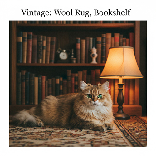 Mèo Ba Tư nằm trên thảm len vintage trước kệ sách gỗ và đèn bàn ánh vàng