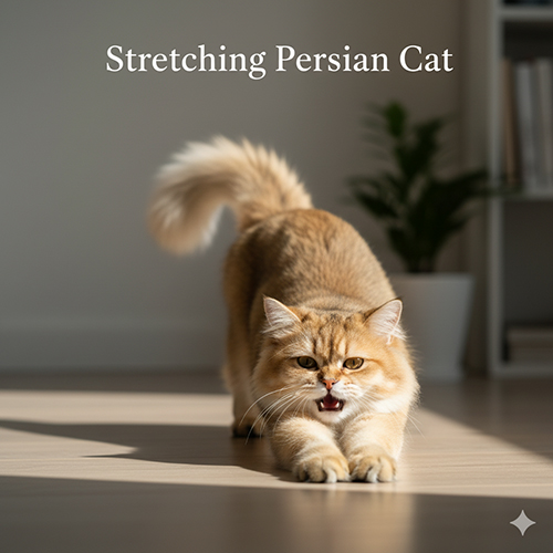 Mèo Ba Tư vươn vai và ngáp dưới ánh nắng, dáng duỗi chân dễ thương