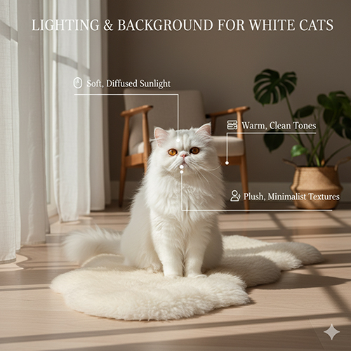 Mèo Ba Tư trắng odd-eye ngồi trong phòng sáng với ánh sáng cửa sổ khuếch tán và nền gỗ sáng tối giản