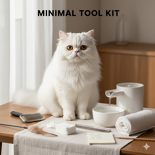 Mèo Ba Tư trắng ngồi trước bộ dụng cụ tối giản gồm lược slicker, khăn, gạc, máy nước, bát ăn và khăn tắm
