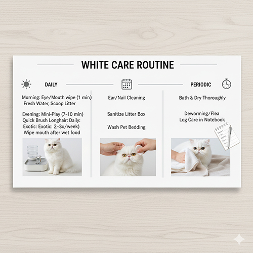 Bảng routine chăm mèo Ba Tư trắng gồm daily, weekly và periodic với hình minh họa lau mắt, chải lông và tắm sấy