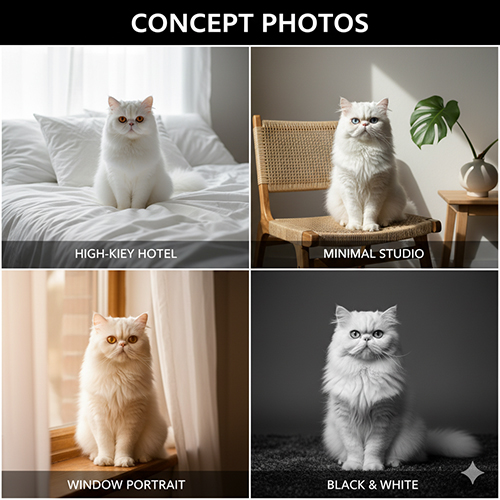 Bộ concept ảnh mèo Ba Tư trắng gồm high-key hotel, minimal studio, window portrait và black & white