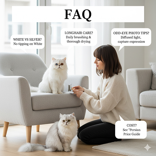 Hai mèo Ba Tư trắng và silver trong phòng sáng, người chủ đang chải lông và các bong bóng FAQ minh họa câu hỏi phổ biến