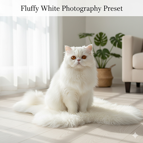 Mèo Ba Tư trắng ngồi trên thảm lông trắng trong ánh sáng mềm, phù hợp preset chụp “trắng bồng”