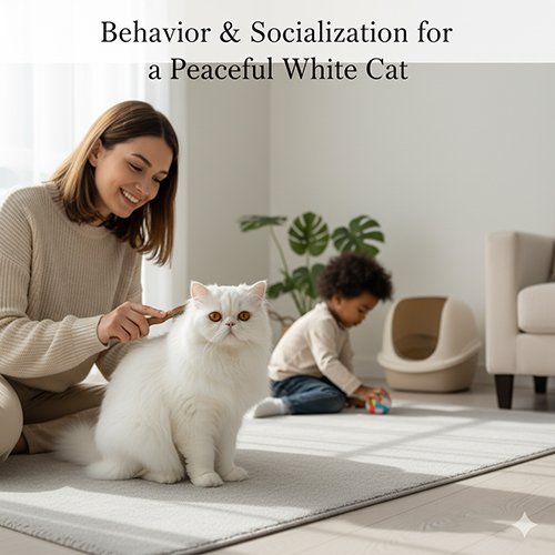 Mèo Ba Tư trắng được chải lông trong phòng sáng, trẻ nhỏ chơi phía sau tạo khung cảnh yên bình và an toàn