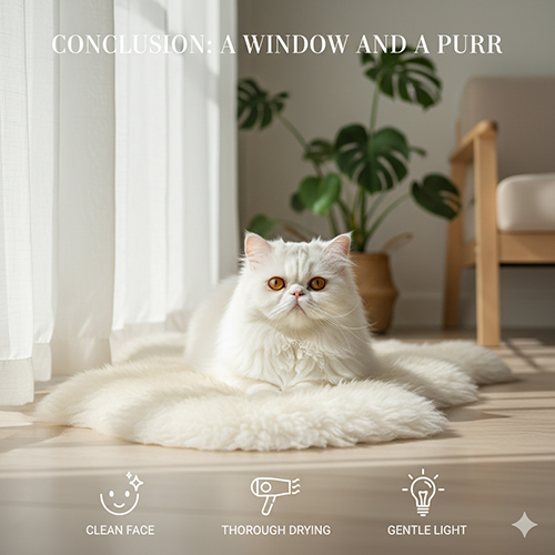 Mèo Ba Tư trắng nằm trên thảm lông cạnh cửa sổ sáng, biểu tượng clean face – thorough drying – gentle light
