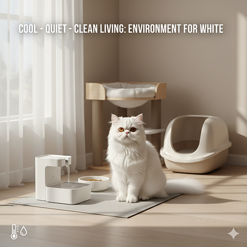 Mèo Ba Tư trắng odd-eye ngồi cạnh bát ăn, máy nước và khay cát trong không gian sáng, gọn gàng và sạch sẽ