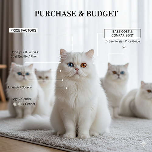Mèo Ba Tư trắng odd-eye ngồi trước nhóm mèo Persian, các chú thích chỉ ra yếu tố ảnh hưởng giá