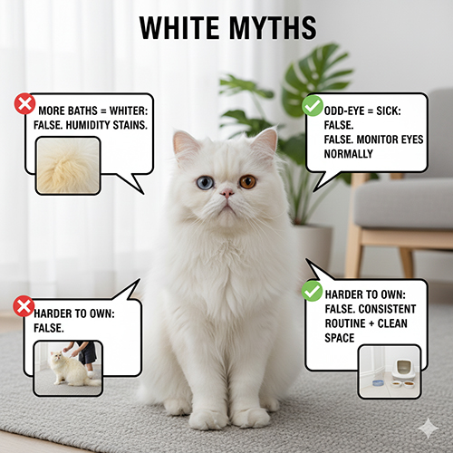Mèo Ba Tư trắng ngồi trong phòng sáng với các biểu tượng minh họa myth và sự thật về chăm coat trắng