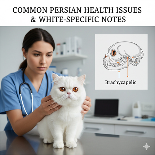 Mèo Ba Tư trắng được bác sĩ thú y kiểm tra, kèm minh họa hộp sọ brachycephalic và các lưu ý sức khỏe đặc trưng