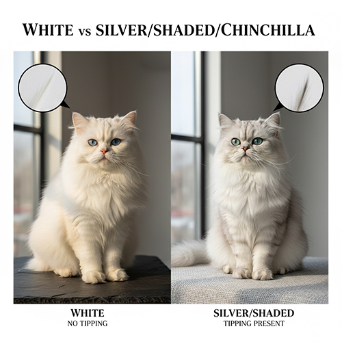 So sánh mèo Ba Tư trắng và mèo Ba Tư silver–shaded–chinchilla với chú thích tipping trên sợi lông