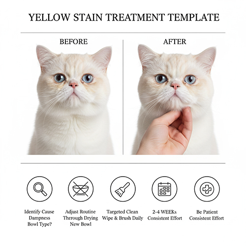 So sánh trước – sau vùng ngực ố vàng ở mèo Ba Tư trắng cùng các biểu tượng hướng dẫn xử lý