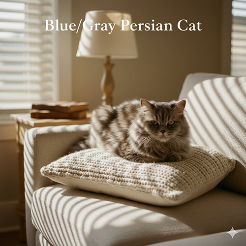 Mèo Ba Tư xám blue/gray nằm trên gối knit, ánh nắng cửa sổ tạo vệt