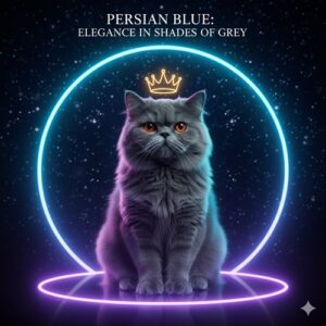 Mèo Ba Tư xám ngồi trong ánh đèn neon, thần thái sang và trầm, lông xám mịn nổi bật