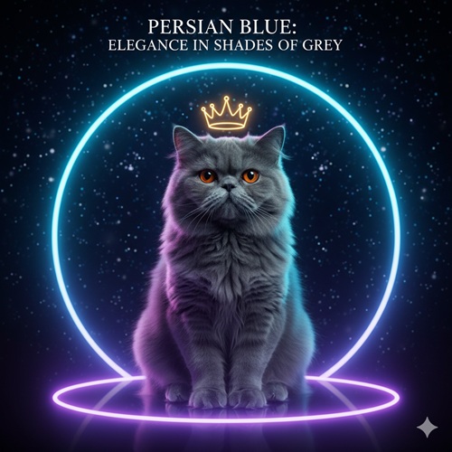 Mèo Ba Tư xám ngồi trong ánh đèn neon, thần thái sang và trầm, lông xám mịn nổi bật