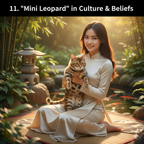 Cô gái mặc áo dài ngồi bên hồ nhỏ, bế mèo Bengal trong khung cảnh yên bình kiểu Á Đông.