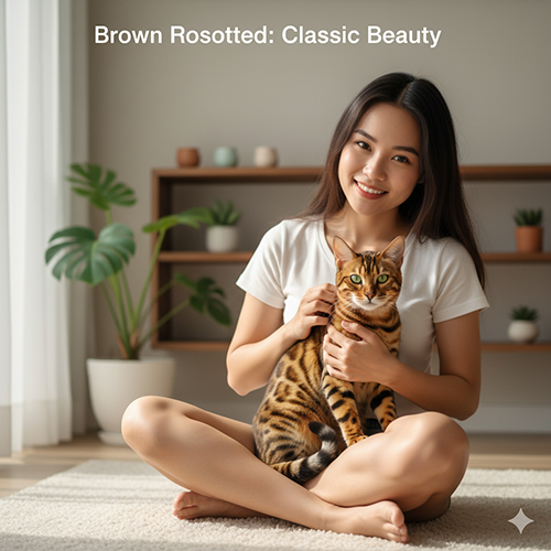 Cô gái ôm mèo Bengal brown rosetted với bộ lông nâu vàng óng ánh và hoa văn báo đốm cổ điển