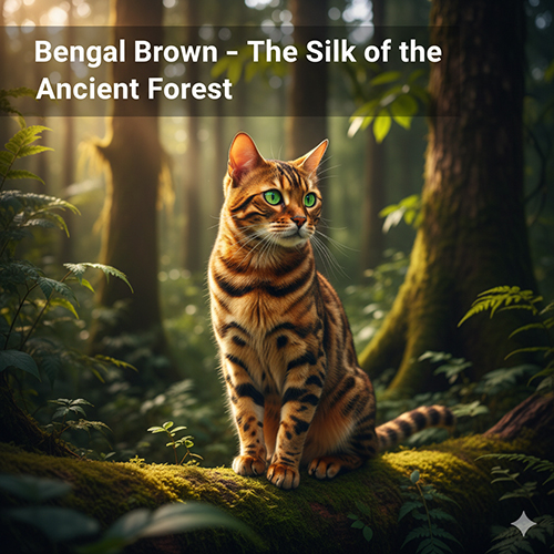 Mèo Bengal Brown trong rừng xanh, lông nâu ánh vàng đồng với hoa văn rosetted rõ nét, ánh mắt xanh lá cuốn hút.