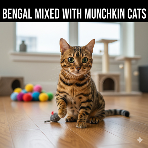 Mèo Bengal chân ngắn với bộ lông đốm rosetted rõ nét, dáng nhỏ nhắn và ánh mắt tinh nghịch trong không gian nhà hiện đại.