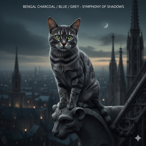 Mèo Bengal màu Charcoal xám lam ngồi trên mái gothic dưới trăng, ánh mắt xanh lục, toát vẻ bí ẩn và quyến rũ.
