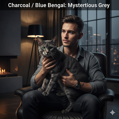 Người đàn ông bế mèo Bengal màu xám khói lam trong không gian tối ấm, thể hiện vẻ đẹp bí ẩn và mạnh mẽ