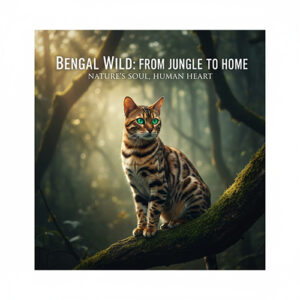 Mèo Bengal trong rừng, ánh sáng xuyên qua tán cây, biểu tượng cho hành trình từ hoang dã đến thuần hóa