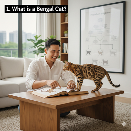 Mèo Bengal đứng trên bàn cạnh người đàn ông đang đọc sách về giống mèo này.