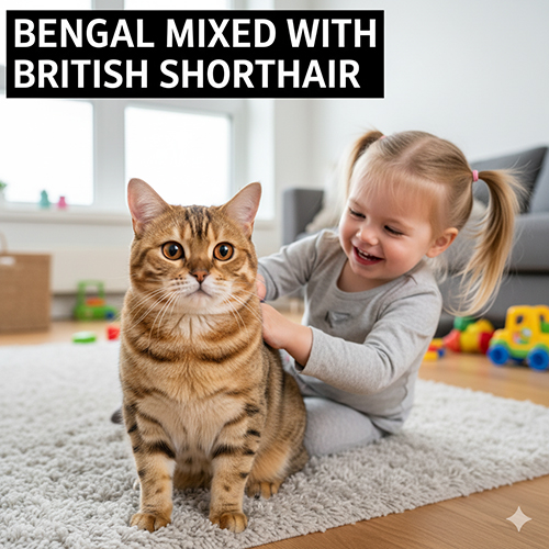 Mèo Bengal lai mèo Anh lông ngắn với bộ lông vàng mật ong, khuôn mặt tròn và biểu cảm hiền lành đang chơi cùng bé gái nhỏ.