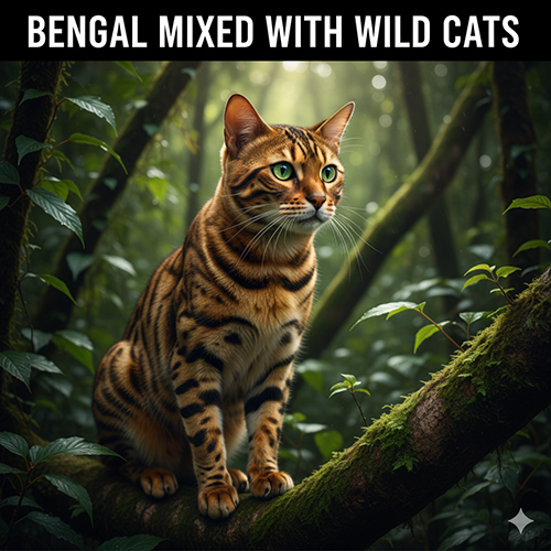 Mèo Bengal lai mèo rừng với thân hình cơ bắp, hoa văn rosetted đậm, ngồi giữa rừng xanh thể hiện bản năng hoang dã mạnh mẽ.