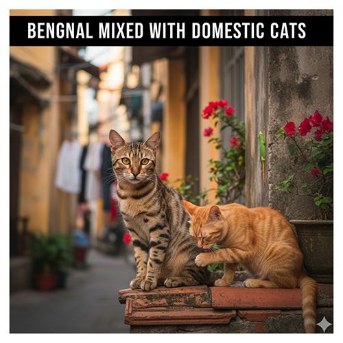 Hai chú mèo Bengal lai mèo ta trong con hẻm Việt Nam, một bé có bộ lông đốm nâu vàng, bé còn lại màu vàng cam thân thiện và khỏe mạnh.