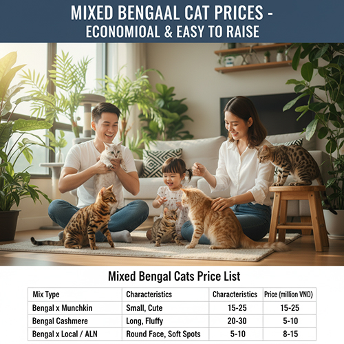 Mèo Bengal lai – lựa chọn tiết kiệm, dễ nuôi với nhiều biến thể như Bengal × Munchkin, Cashmere, ALN và Scottish Straight