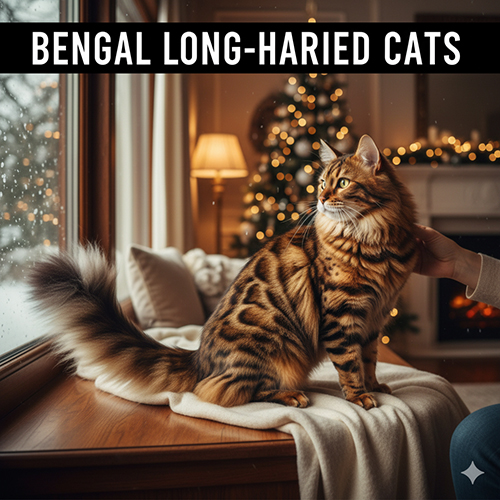 Mèo Bengal lông dài với bộ lông mượt óng, đốm rosetted rõ nét, ngồi bên cửa sổ trong không gian ấm áp mùa đông.