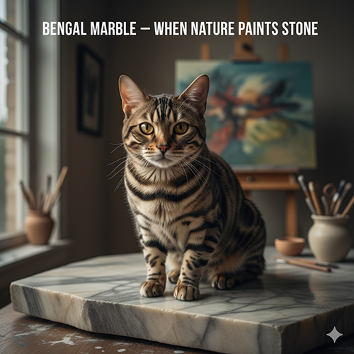 Mèo Bengal Marble lông nâu vân xoáy nghệ thuật ngồi trên mặt bàn đá cẩm thạch trong không gian sáng ấm.