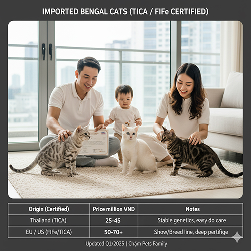 Mèo Bengal nhập khẩu có giấy TICA hoặc FIFe – bảng giá và đặc điểm từng nguồn gốc Thái, Âu Mỹ, Hàn Nhật