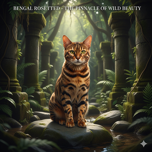 Mèo Bengal Rosetted hoa văn báo rõ nét, ngồi giữa tàn tích rừng cổ, ánh nắng xuyên qua tạo cảm giác hoang dã sống động.