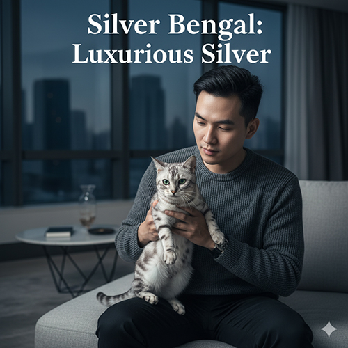 Người đàn ông bế mèo Bengal silver với bộ lông trắng bạc và hoa văn đen tương phản cao trong không gian sang trọng