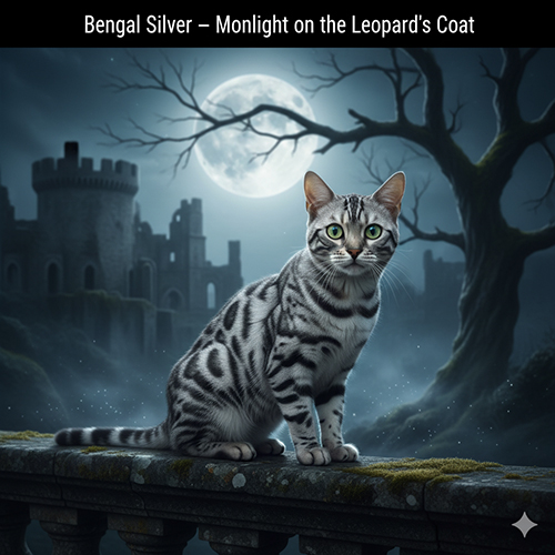 Mèo Bengal Silver lông bạc ánh kim, hoa văn đen đậm nổi bật dưới ánh trăng, đứng trước lâu đài cổ trong đêm.