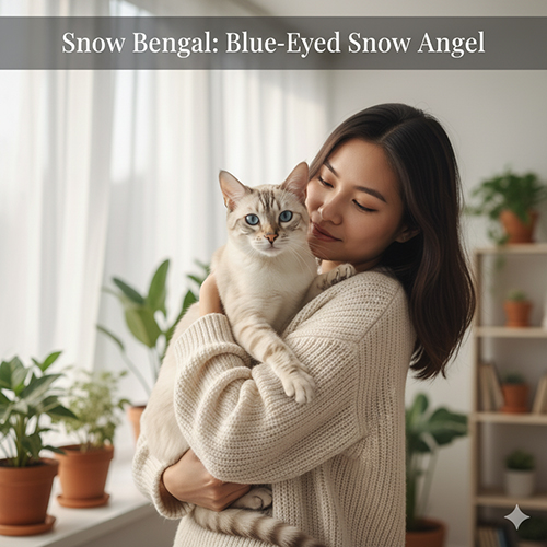 Cô gái ôm mèo Bengal Snow mắt xanh với bộ lông trắng sữa ánh kem trong không gian sáng tự nhiên