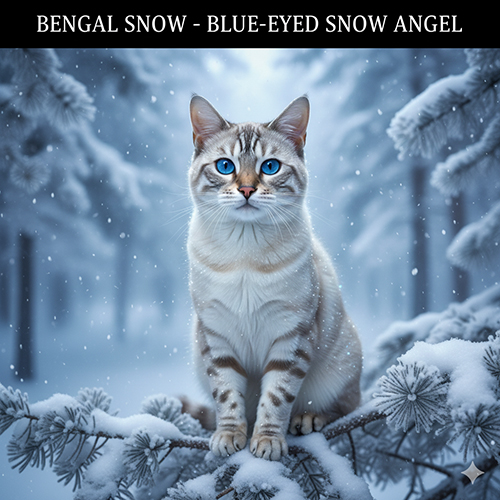 Mèo Bengal Snow lông trắng sữa với mắt xanh lam rực rỡ, ngồi giữa rừng tuyết phủ, mang vẻ đẹp thanh khiết và hiếm có.