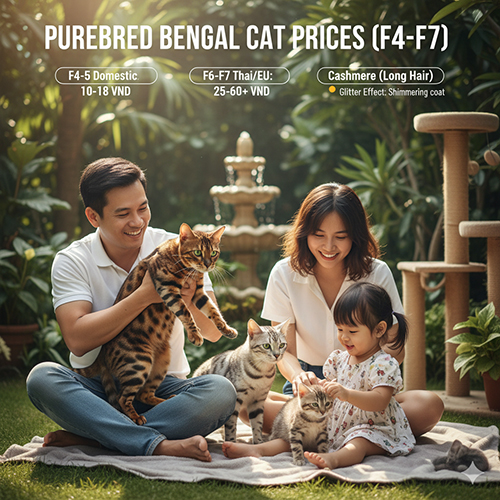 Mèo Bengal thuần chủng F4–F7 (SBT) – bảng giá và đặc điểm từng dòng, bao gồm biến thể lông dài Cashmere hiếm